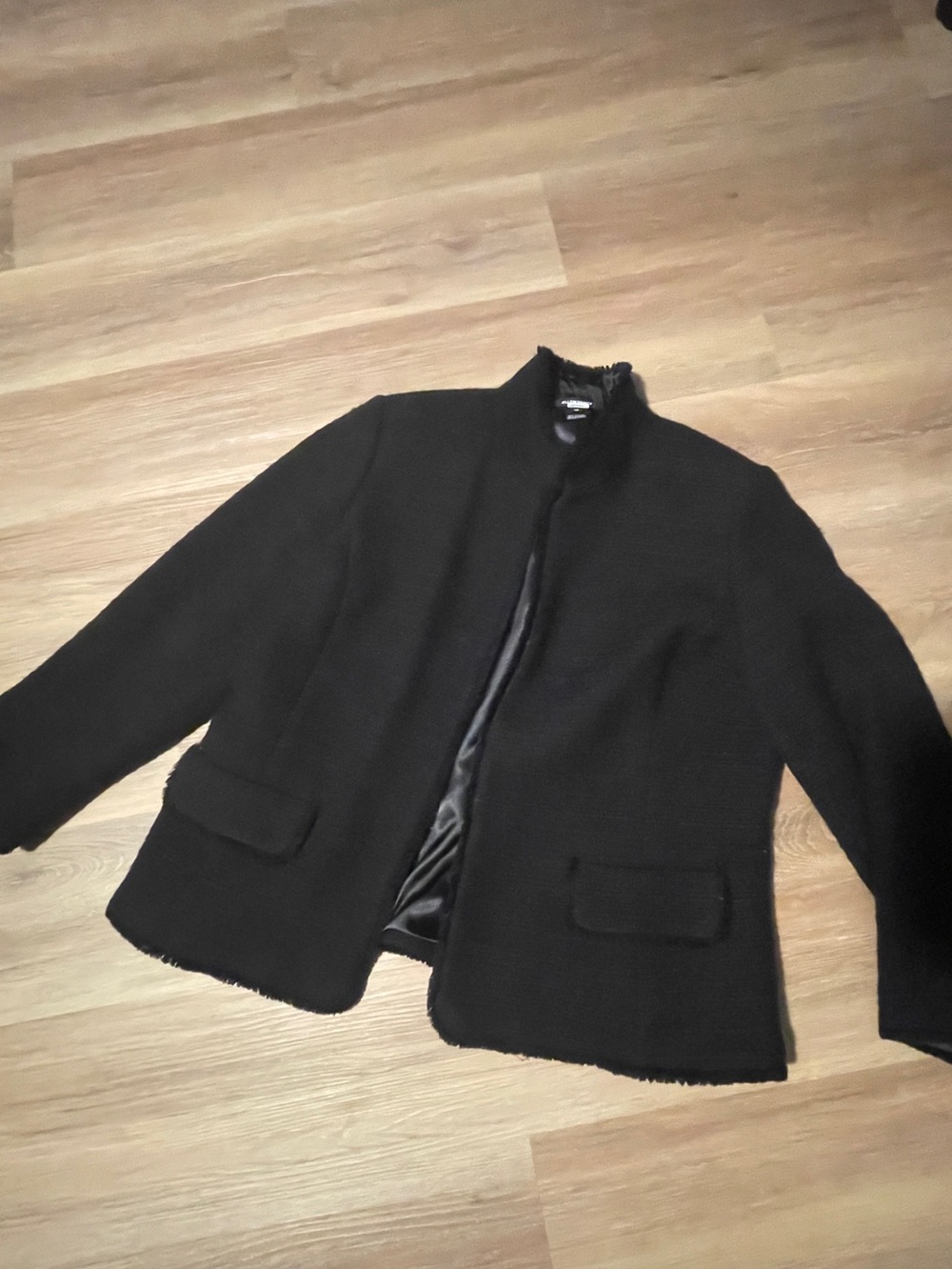 Ellen Tracy Black Tweed Jacket with Fringe Collar